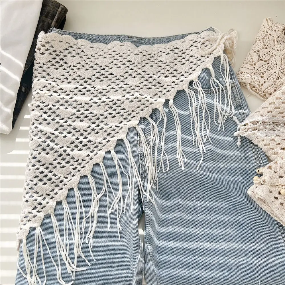 

Богемный вязаный треугольный шарф с бахромой в деревенском стиле, экзотическая ажурная кружевная накидка-шаль, декоративное украшение для одежды