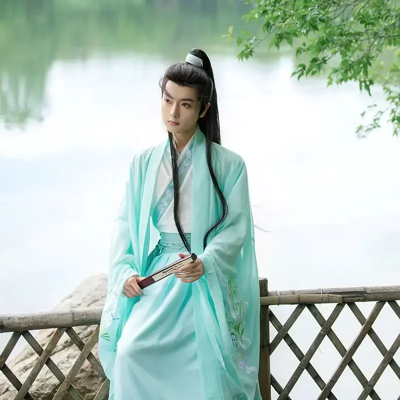 Blue-green Hanfu for male chiffon embroidery wide-sleeved Chinese style students Wuxia daily performanc Chines traditional dress