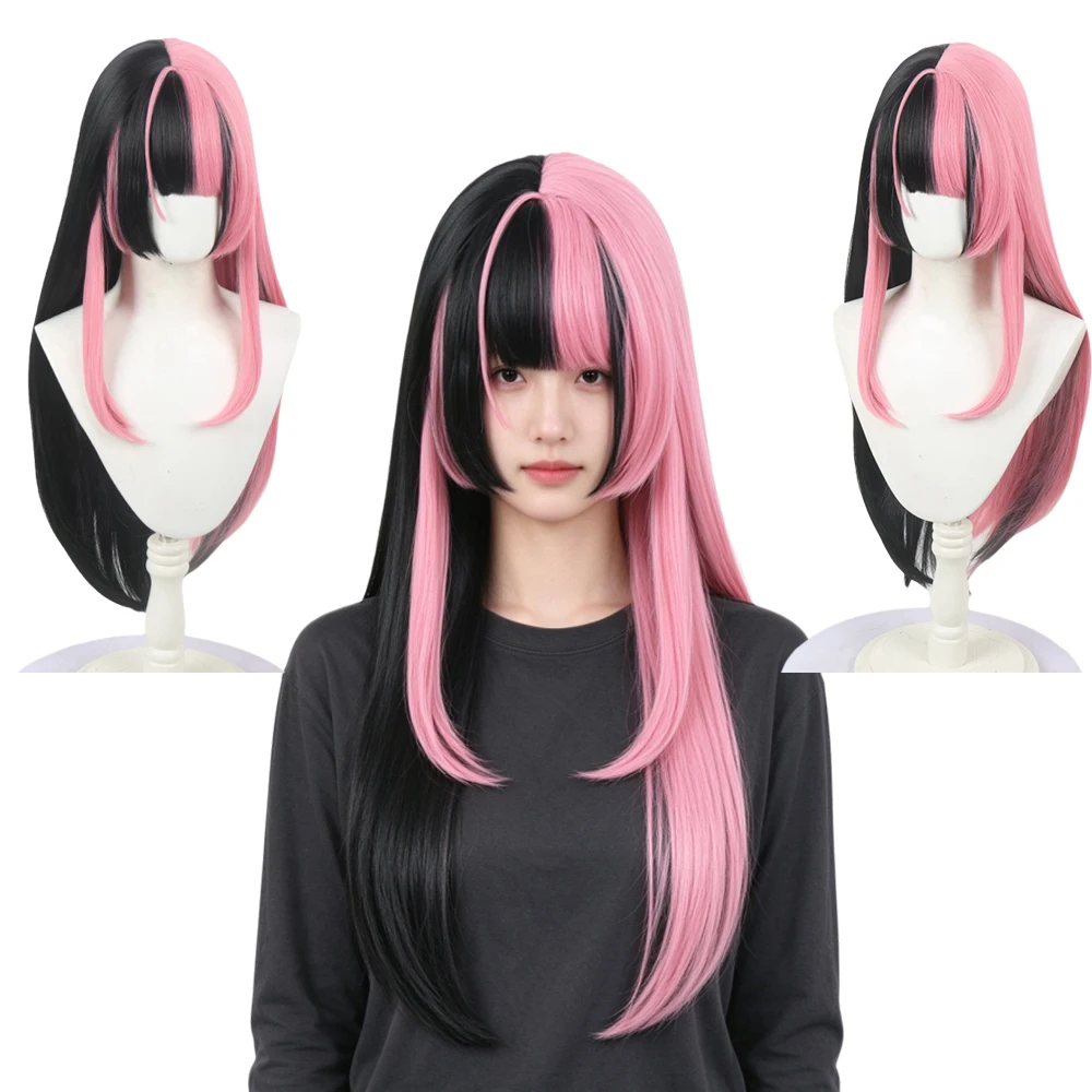 Black & Pink Split Color 27 Inch Hime Cut Wig Long Straight High Temperature Fiber Synthetic Everyday Wig for Women Daily Wear