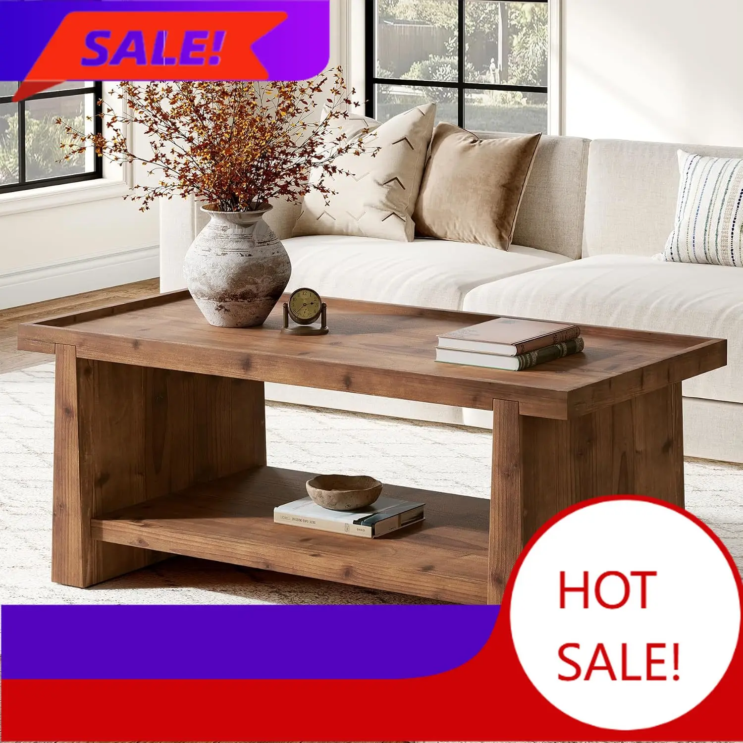 

47" Solid Wood Coffee Table with Storage, Farmhouse Rectangular Coffee Table with 2-Tier Shelf & Raised Edge, Living Room Center