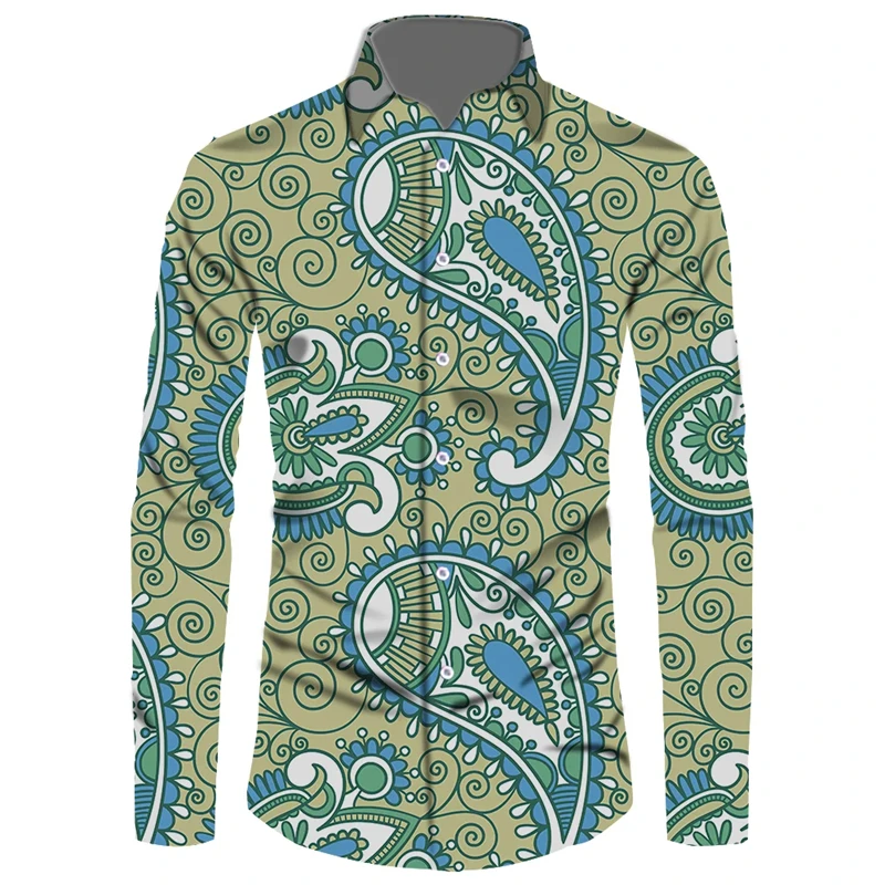 Fashion Men\'s Shirt Paisley Cashew Flower 3D Print Turn-down Collar Button Long Sleeve Tops Vintage Men Women Streetwear Clothes