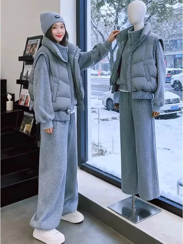 

Комплект: Женский хлопковый жилет-куртка свободного кроя в корейском стиле для осени/зимы, повседневные брюки с высокой талией, удобные длинные брюки