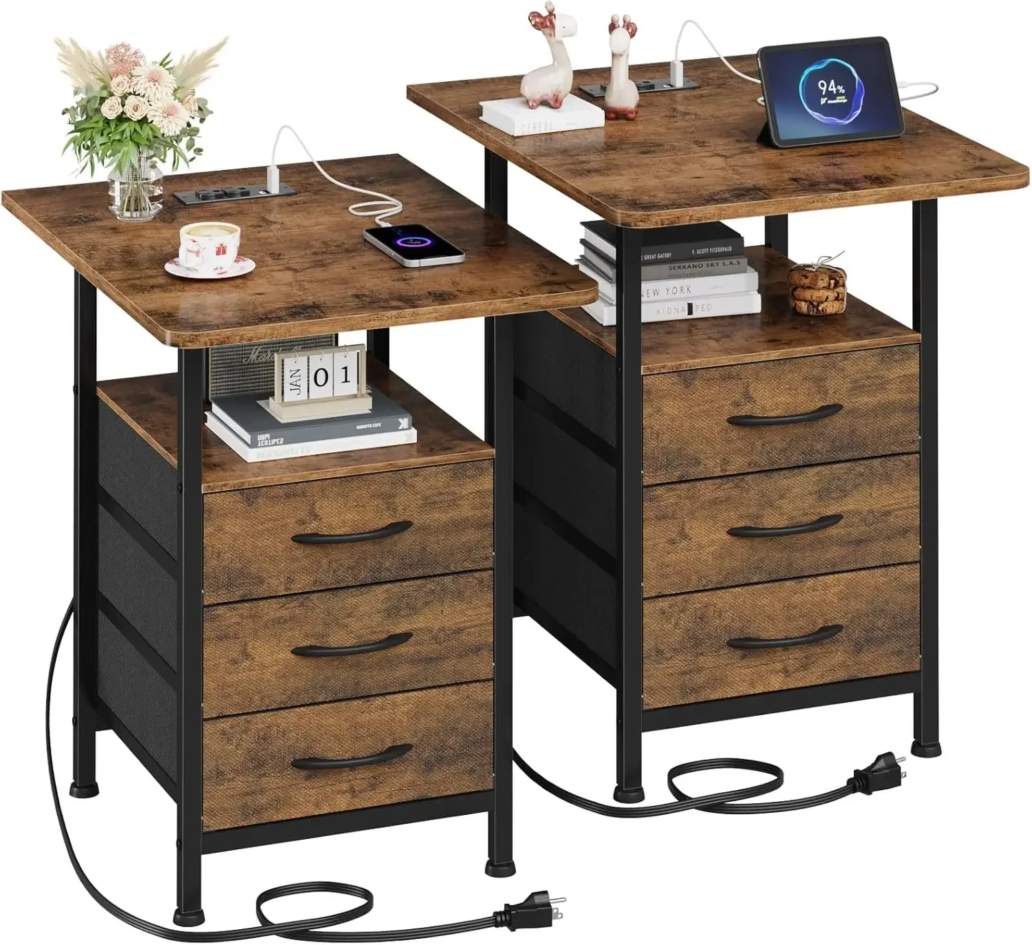 Night Stand Set 2 with 19'' D Larger Tabletop and 3 Fabric Drawer, Bedside Tables with Fast Charging Station, Spacious Storage