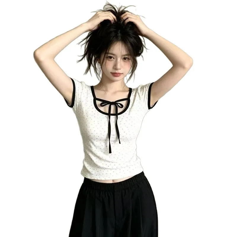 Bow Korean Fashion T-shirts Women Polka Dot Cute Tops Slim Sexy Y2K Tees Shirts Vintage Kpop Lace Cheap Clothes Woman Tshirts