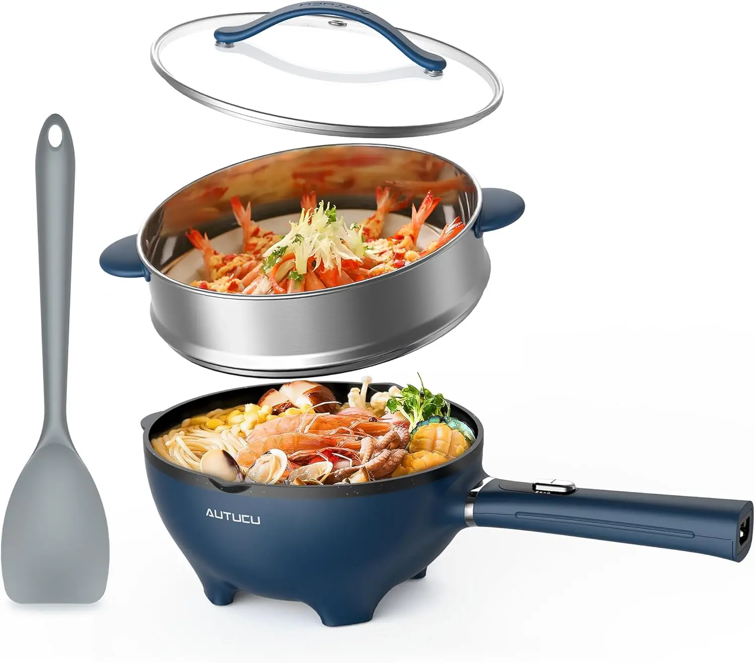 Olla Eléctrica y Wok Antiadherente de 3 Cuartos de Galón con Vaporera, Multicocina de 1200W para Dormitorio, Hogar, Regalos (Incluye Espátula de Silicona)