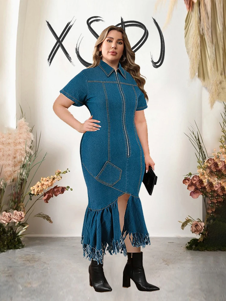 Denim Long Dress with Short Sleeves Summer Zip-up Dress Woman Straight and Elegant Dresses Plus Size Wholesale Dropshipping