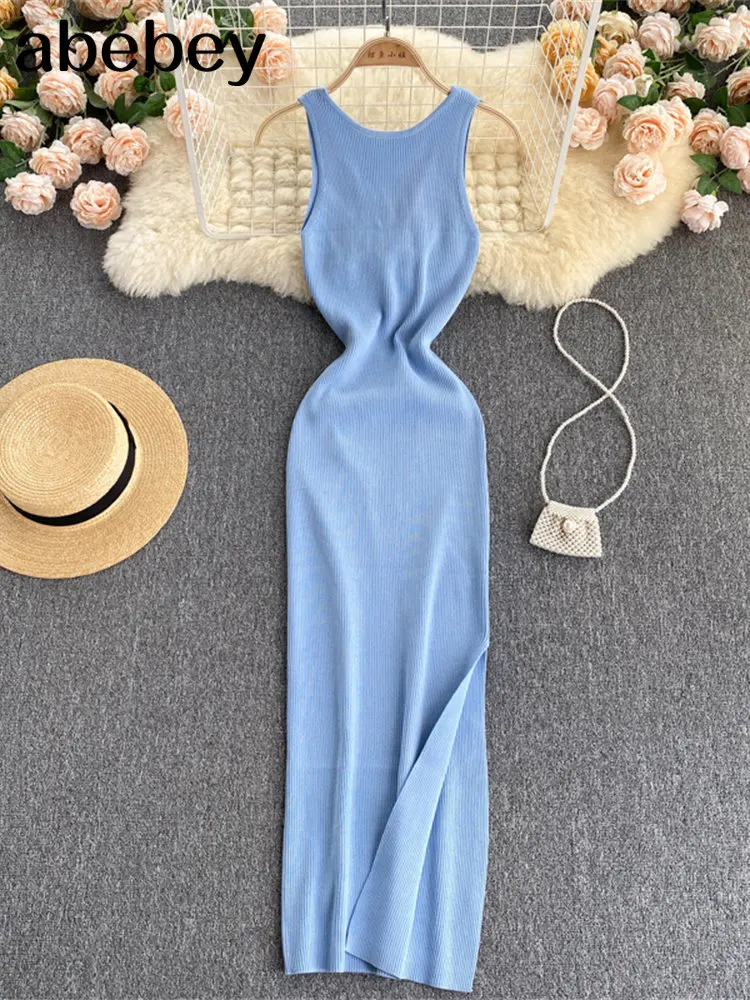 Sleeveless Hollow Split Wrap Dress Midi Sexy Fashion Elastic Tight Party Elegant Vestidos Chic Beach Vacation Summer Women Dress