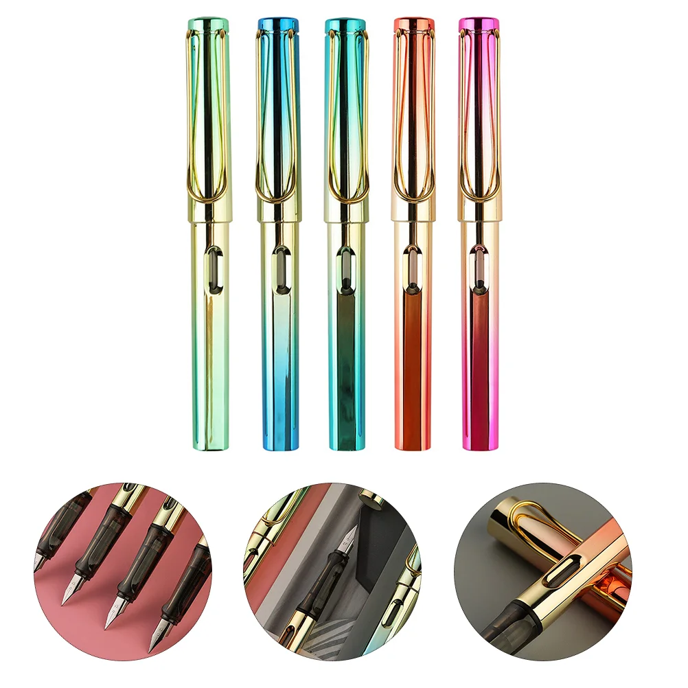 

5 Pcs Colorful Steel Pens 0.38mm Tip Fountain Pens for Students Office Stationery Refillable Ink Writing Tools