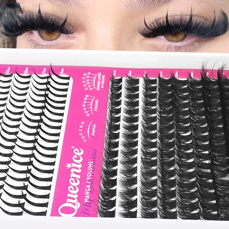 QUEENICE Eyelash with Pointed Lashes, 100D Thick Cartoon Lash Clusters, D-Curl Lash Cluster, 10-18mm
