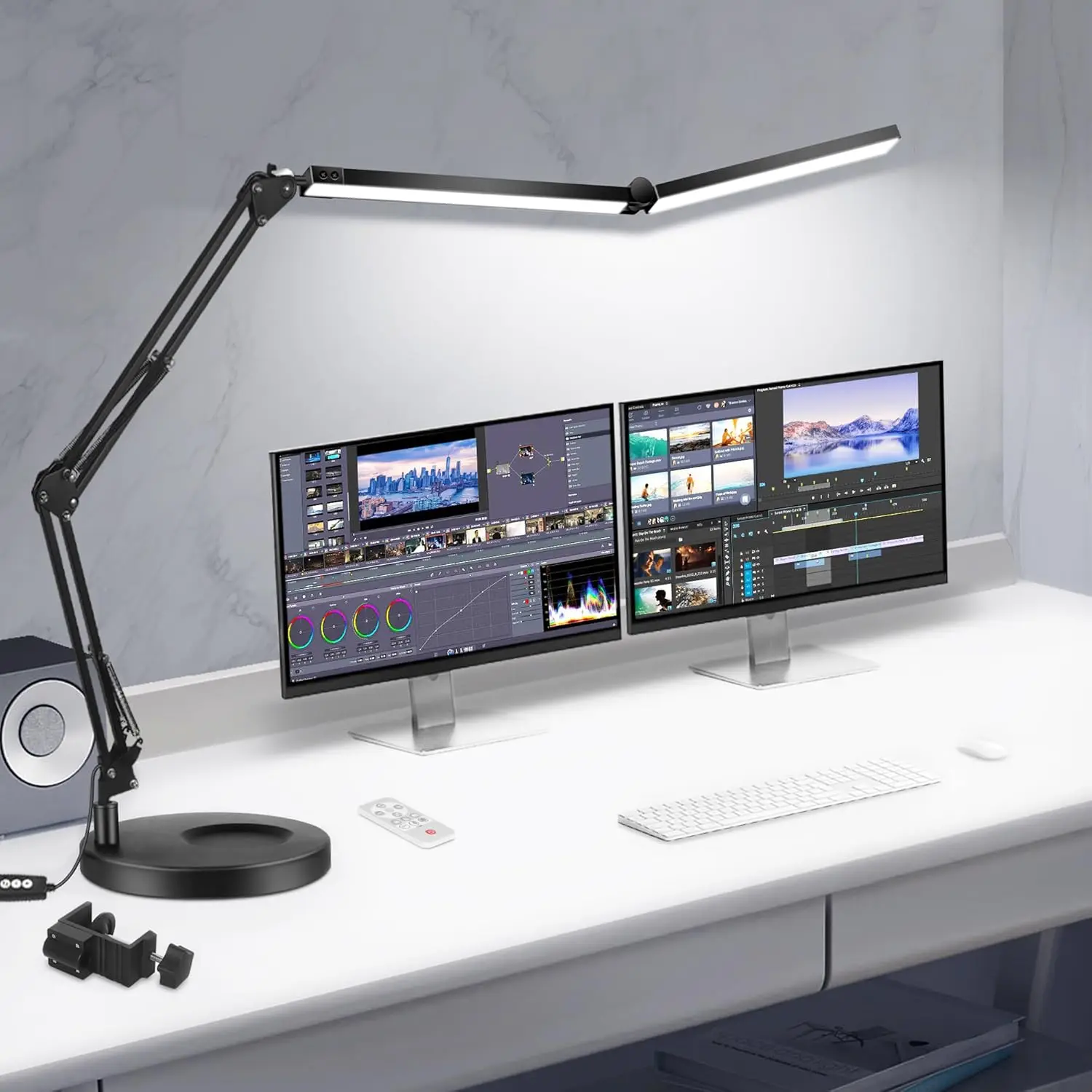 

LED Desk Lamps for Home Office 2 in 1 Large Double Head Desk Lamp with Clamp & Base, Remote Control, Dimmable Architect Clip