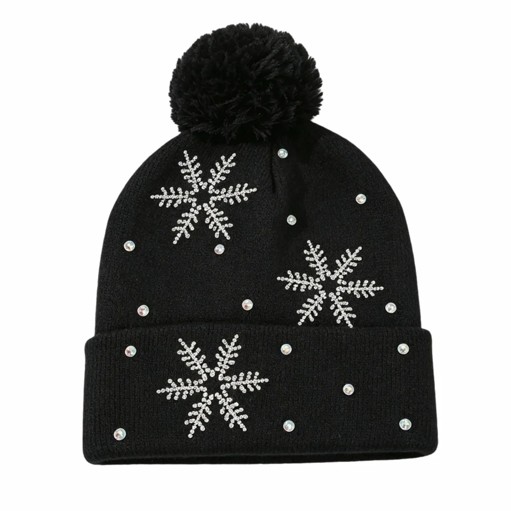 Fashion Thickened Knitted Hat Snowflake Rhinestone Keep Warm Beanie Hat Elastic Winter Cap Women