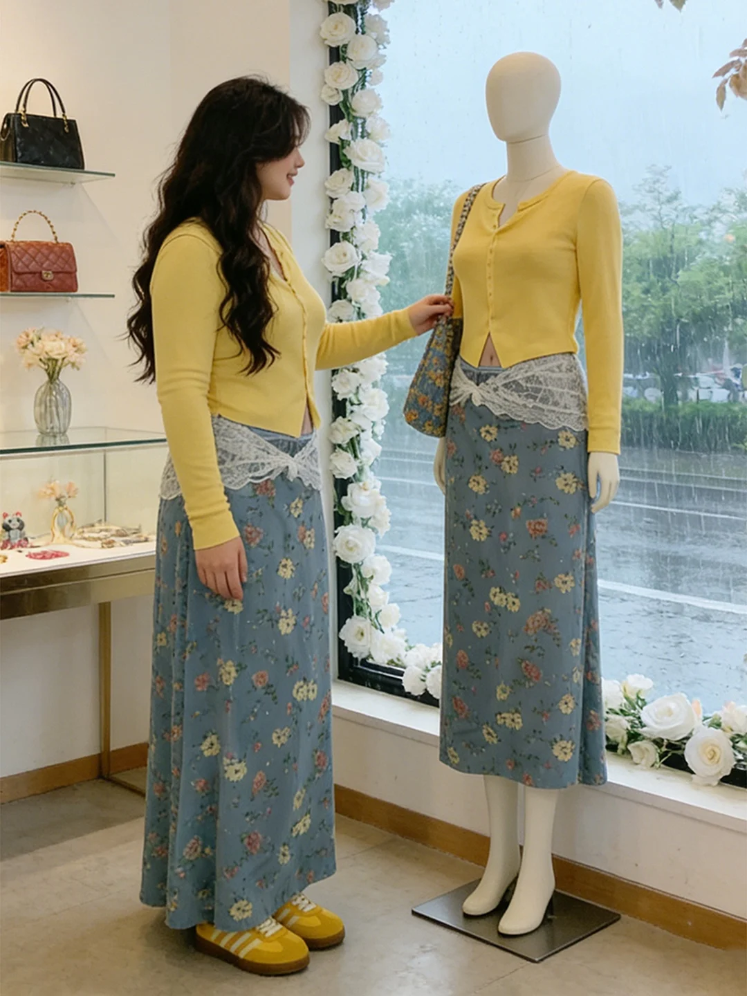 

Ретро джинсовая юбка миди А-силуэта с цветочным принтом, больших размеров, женская, повседневная, с высокой талией, прямого кроя, летняя, для фигуры типа «груша», облегающая