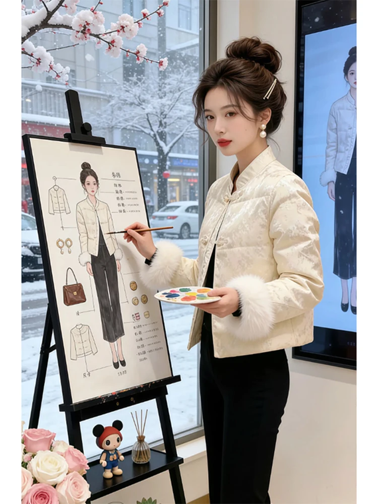 

New Chinese Sle National Trend Fluffy Sve ort down Cotton Jaet Women's 2026 Winter New Bread Coat Outerwear