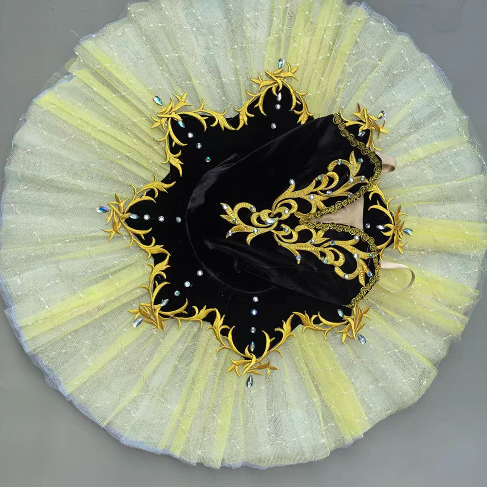 Professional Ballerina Costume For Stage Performance And Competition Black Velvet Tops Yellow Stiff Tutu Skirt Ballet Dress Girl