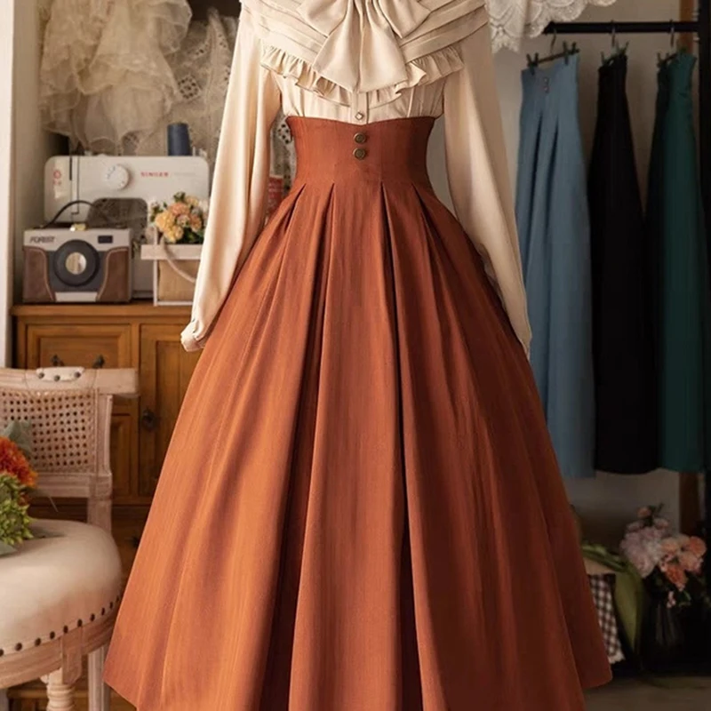 Japanese Vintage Midi Skirt Women Lolita Cutecore Black High Waist Skirts Ladies Elegant Buttons Design Casual A Line Faldas New