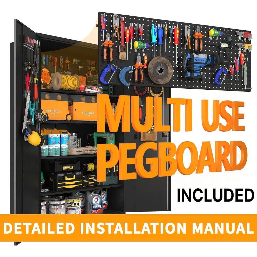 Storage Cabinet with Doors & 4 Adjustable Shelves | Heavy-Duty Black Lockable Garage Cabinet with Wheels & Pegboard