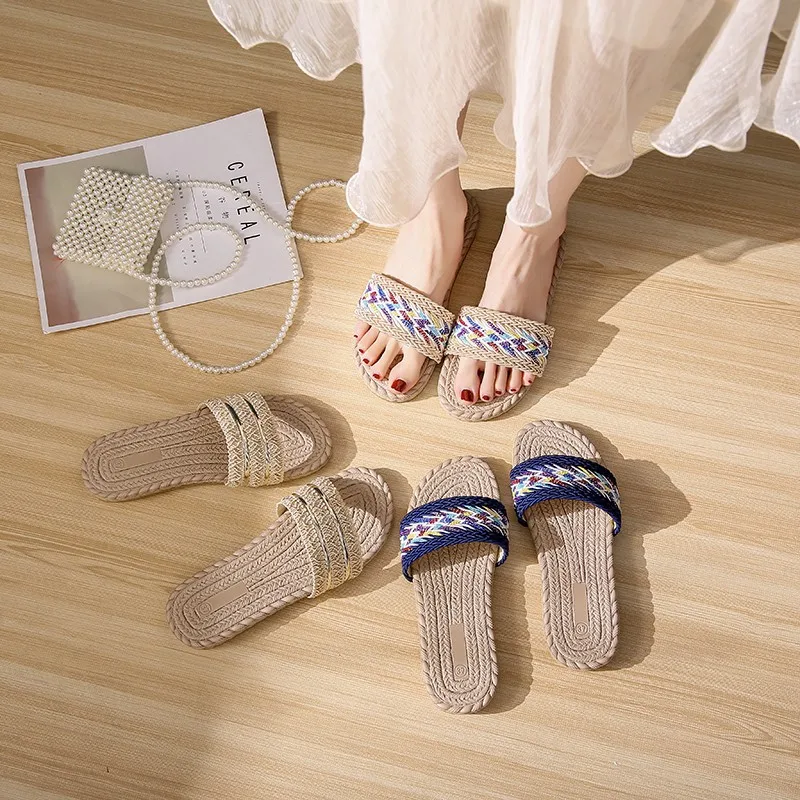 2023 Summer New Type Slippers for Women's Foreign Trade Large Size Slippers Ethnic Style Woven Flat Bottom Casual