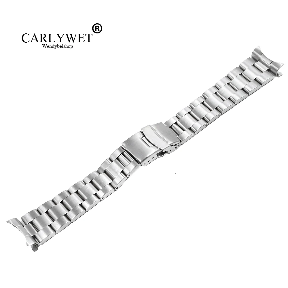 CARLYWET 20 22mm Silver Brushed Hollow Curved End Solid Links Replacement Watch Band Bracelet Double Push Clasp Oyster For Seiko