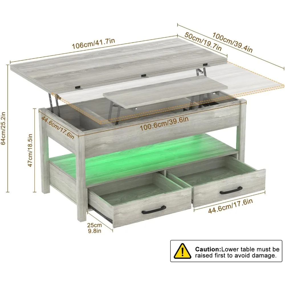 42'' Lift Top Coffee Table With LED, 4-in-1 Multifunctional Coffee Table With Drawers And Hidden Compartments, Converts To Dinin