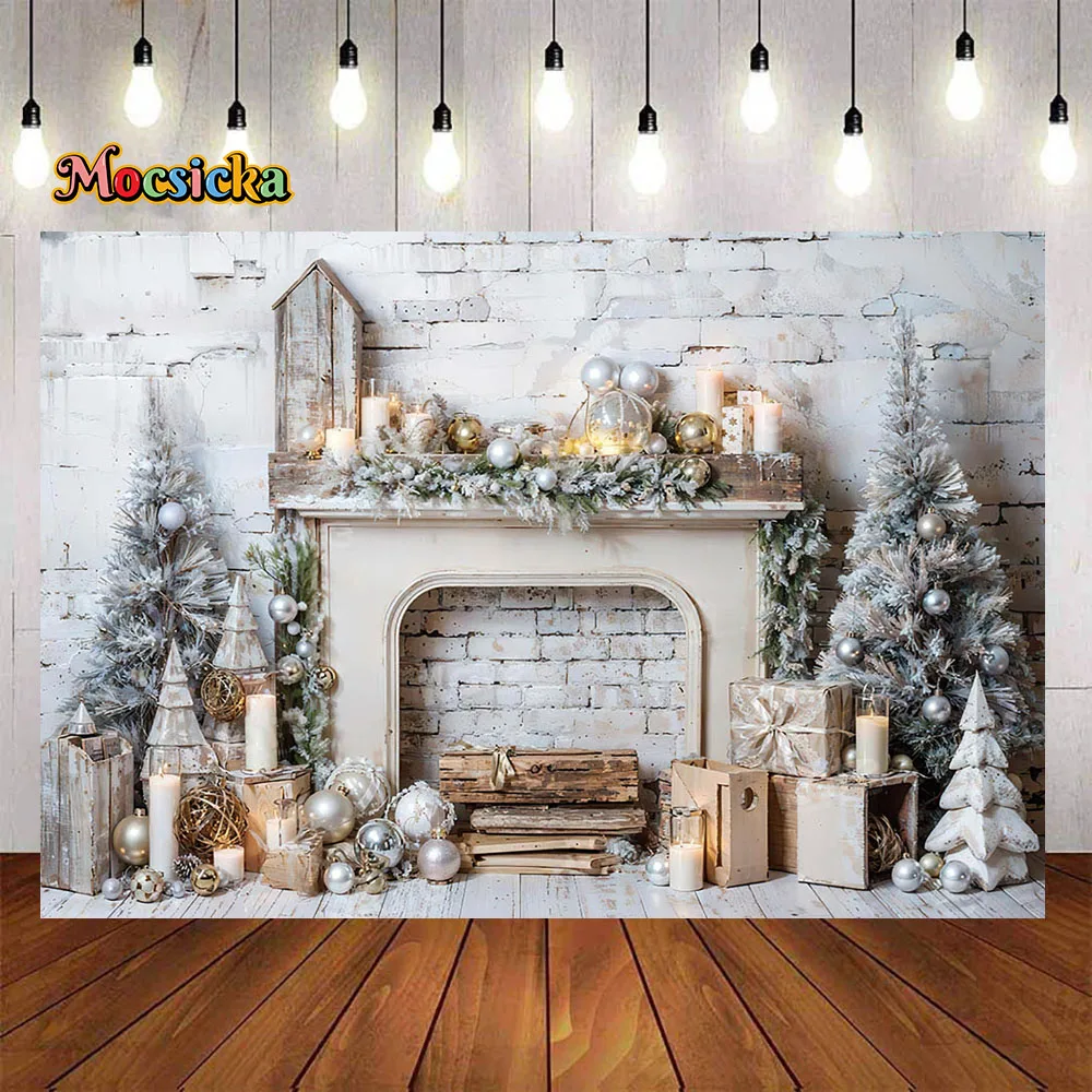 Fondo de chimenea blanca Retro para fotografía de navidad, regalos de árbol de Navidad, vela, pared de ladrillo, decoración de fiesta familiar de vacaciones