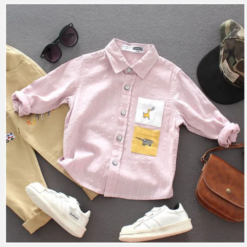 2023 Spring New Kids Clothing Long Sleeve Lapel Striped Cartoon Pattern Printed Boys Korean Version Cotton Loose Trend Shirt