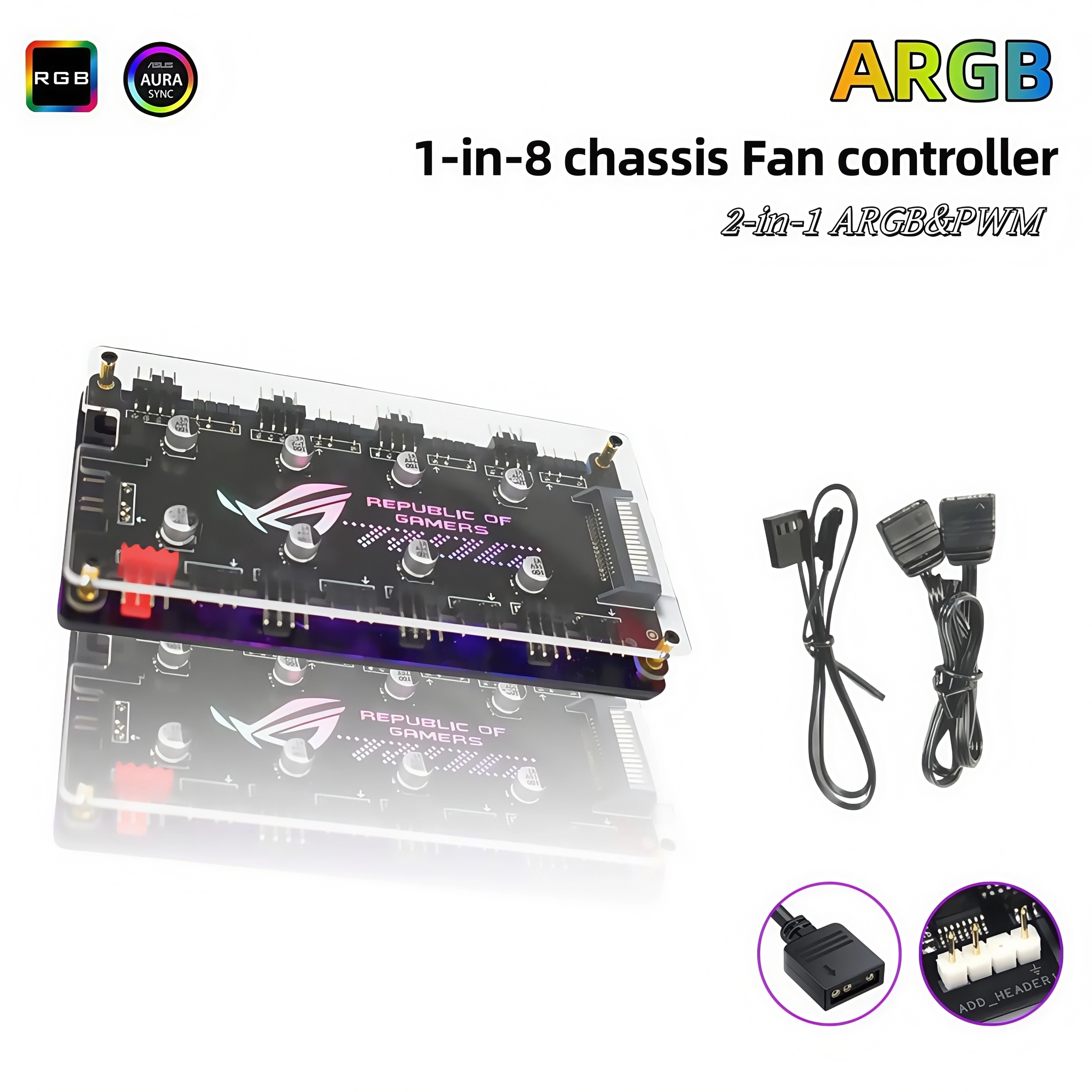 

Dual 8-channel PWM ARGB hub for 5V 3-pin/12V 4-pin PC case fans, SATA power supply, magnetic backplate, illuminated LOGO
