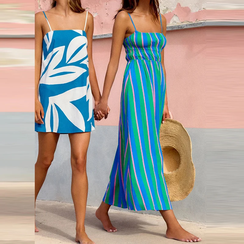 Vestido con tirantes y estampado a rayas para mujer, vestido Sexy con hombros descubiertos para vacaciones, vestido largo elegante de cintura alta sin mangas, vestido de fiesta Bohe
