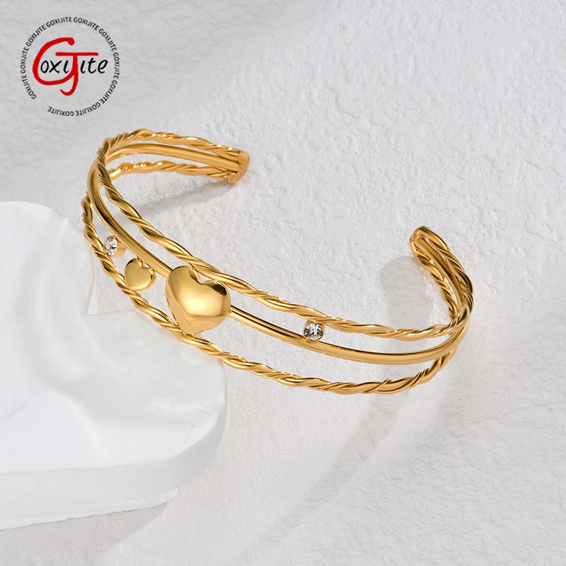 Goxijite New Style Gold Color Bracelet Stainless Steel Creative Stone Hollow Wire Three-layers Love Open Bracelets Jewelry Gift