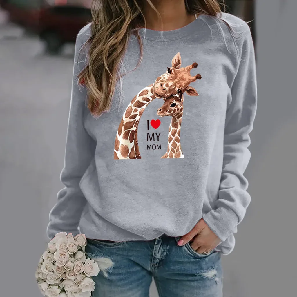 Giraffe Print Long Sleeve Round Neck Hoodie Woman Sweatshirt  Tops  Sweatshirts  Streetwear Women  Clothes