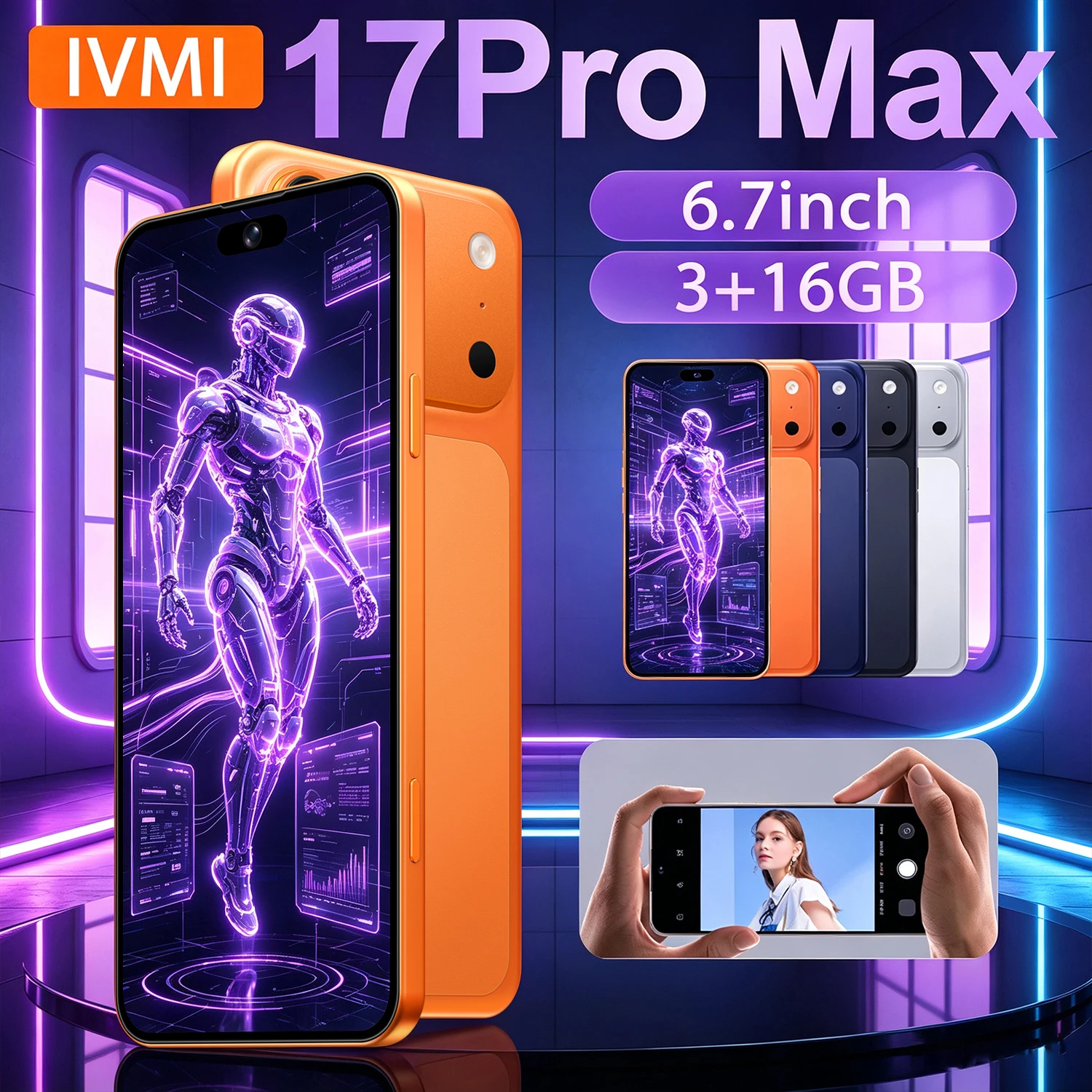 هاتف ذكي IVMI جديد ورخيص 17Pro Max بنظام أندرويد، ذاكرة 3 جيجابايت + 16 جيجابايت، هاتف محمول ذكي بشريحتين، نظام تحديد المواقع العالمي، فتح بالوجه، 4G، إصدار عالمي