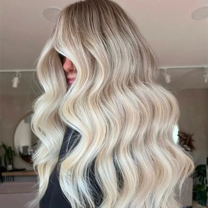 

Natural Lace Hailine Middle Part Long Body Wave Ombre White Platinum Blonde Good Quality Synthetic HD Invisible Lace Front Wig