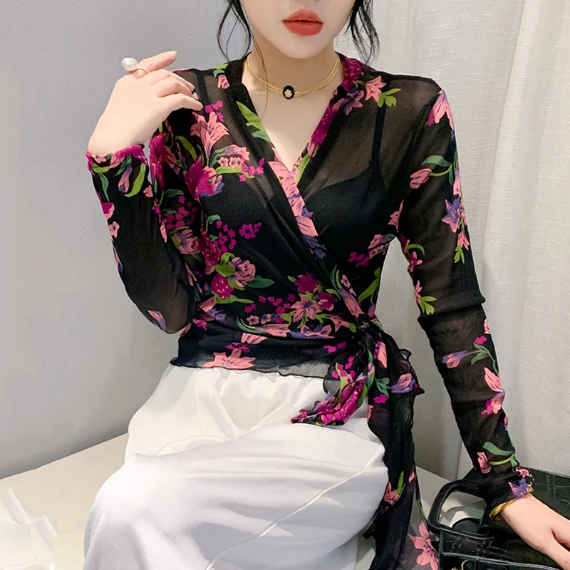 T-shirt lunga trasparente sexy V-Ne da donna Primavera Estate Stampa floreale Me Knot Stretto Versatile Pendolarismo Sle Top