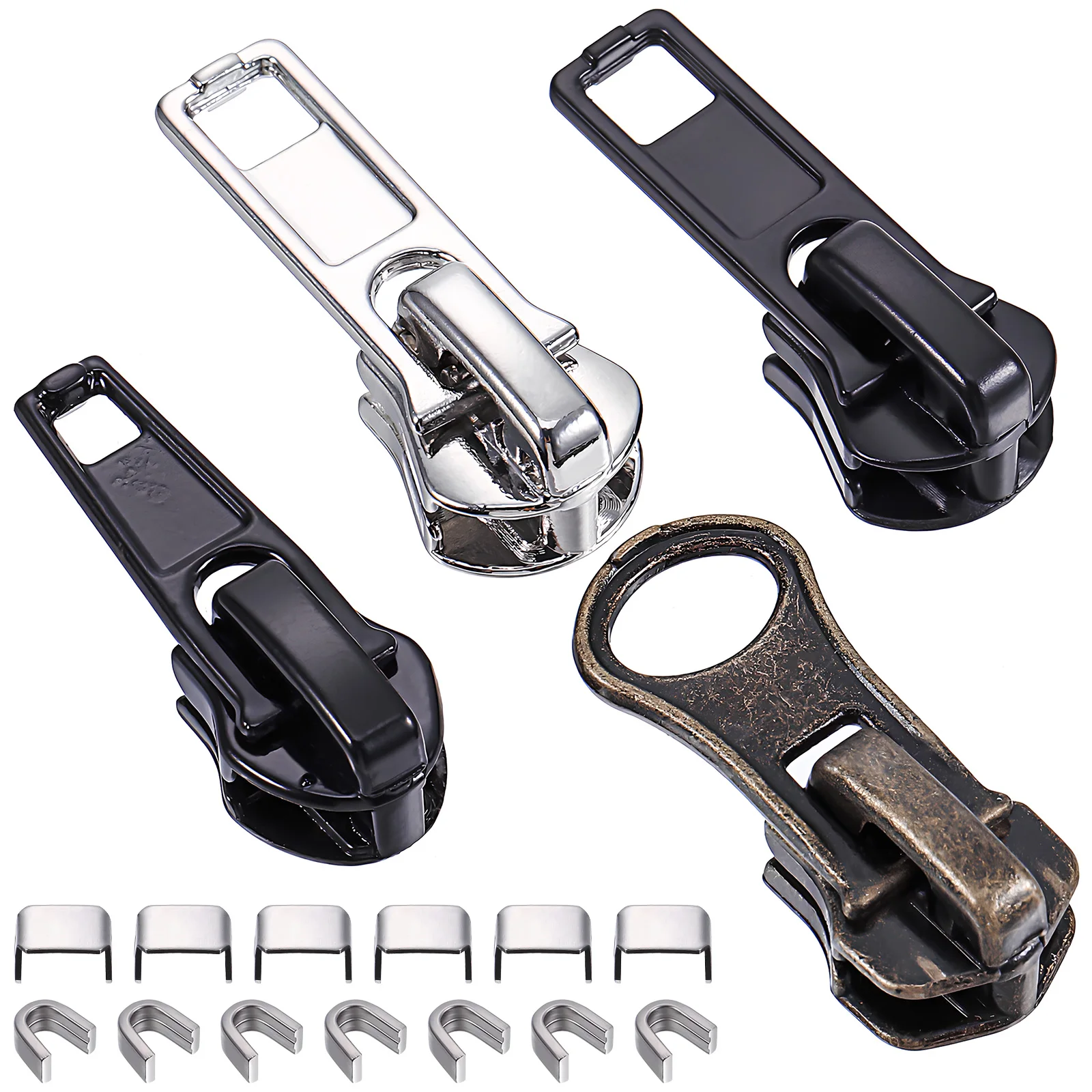

1 set Resin Zipper Heads Pulls Repair Kit for Jackets Purses Clothes Different Styles Sturdy Metal Large Quantity Zipper Slider
