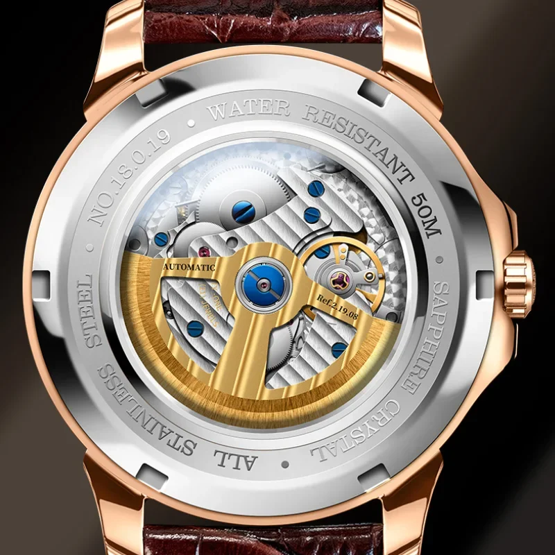 LOBINNI Jam Tangan Otomatis Tahan Air Dial 42Mm Bercahaya Tampilan Bulan 24 Jam Tanggal Akhir Pekan Klasik Multifungsi Pria