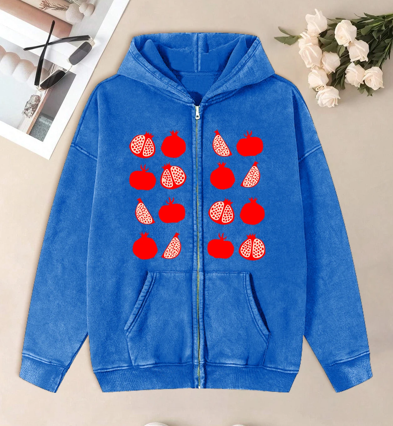 Pomegranate Form Illustration Design Washed Zipper Hoodie Women Cotton Autumn Hoody Hip Hop Fashion Streetwear Loose Soft Top