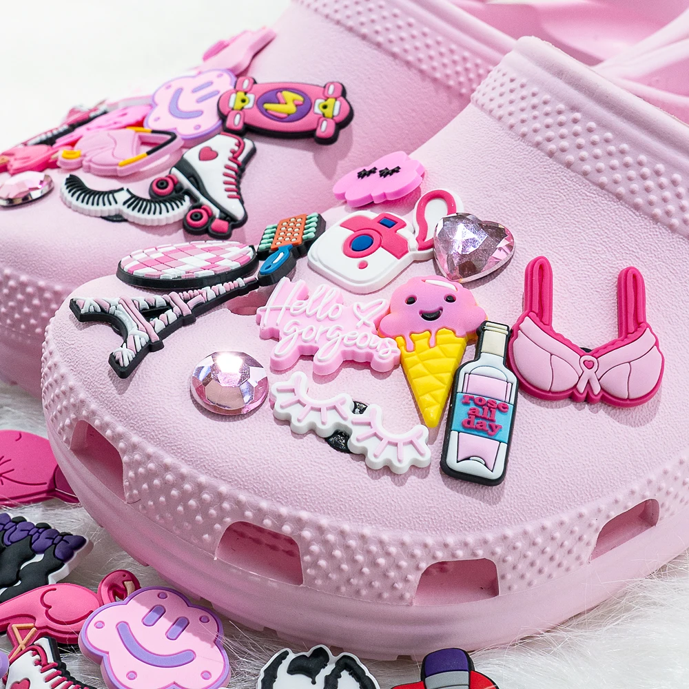 20//50/100 Stück zufällige rosa Schuhanhänger für Frauen, Make-up-Schuhdekorationen, Anstecknadeln für Mädchen, Geschenke, Sandale, Zubehör, Flamingos – Detail 4