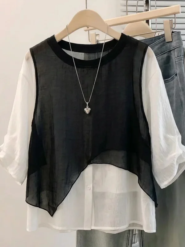 

Black Mesh Shirt Women's Summer New Style Large Size Fat MM Shoulder Length Short Sleeve Midi Shirt Commute Style Korean Version