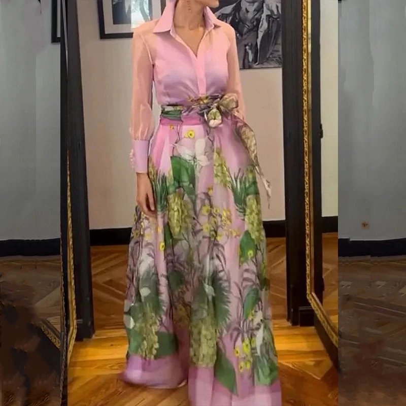 2026 Hemd mit Reverskragen und Laternenärmeln + Langer Rock Anzug Damen Mode Büro-Outfit Plissiertes Design Sommer Lässige Lose Bedruckte Sets