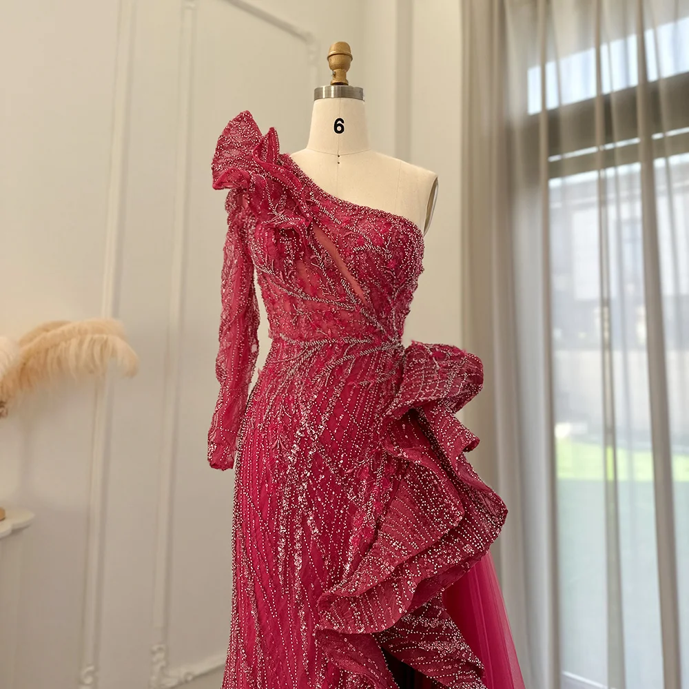 Sharon disse luxo um ombro empoeirado rosa sereia vestidos de noite com fenda uma manga para festa de casamento baile ss360l personalizado