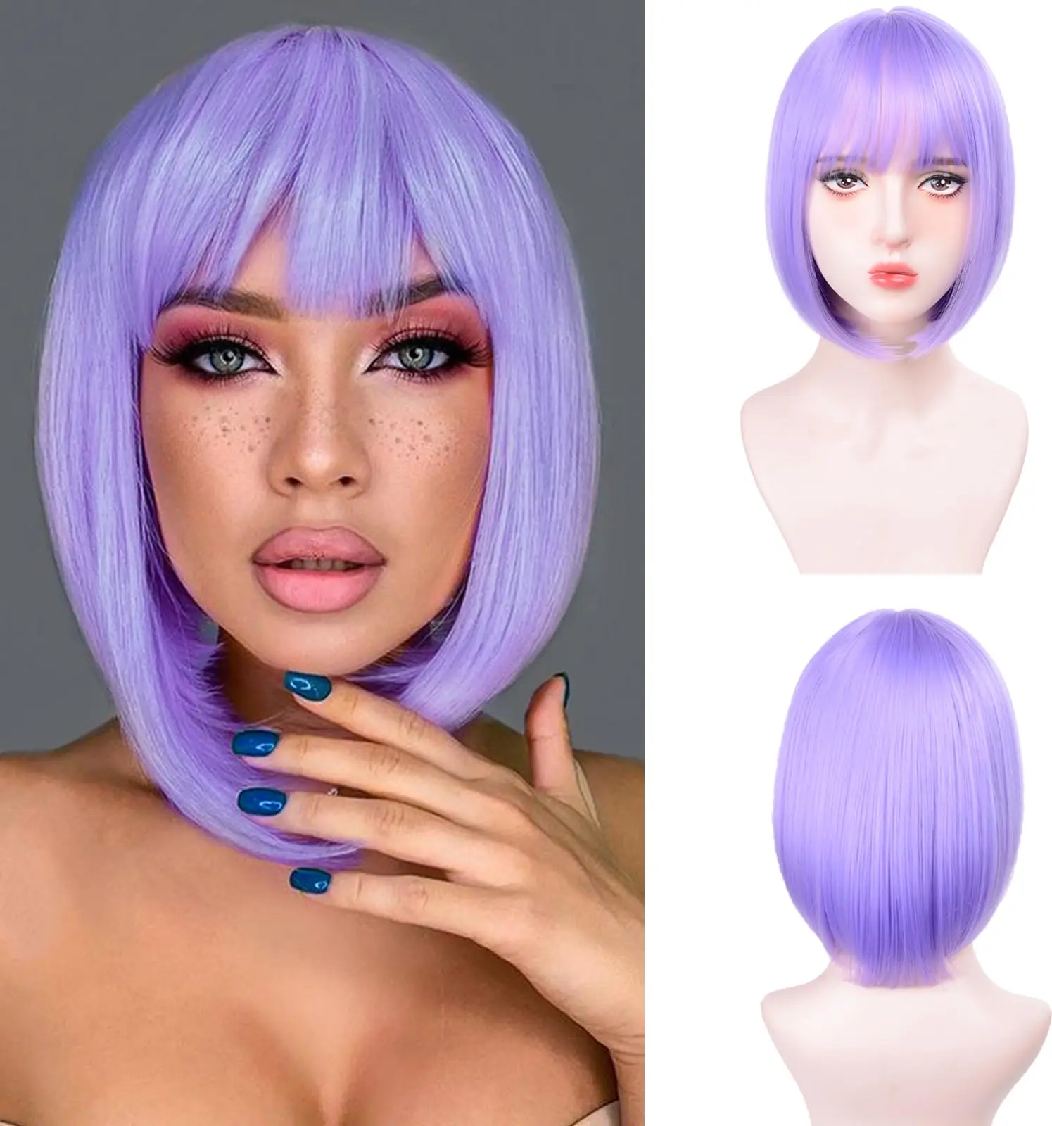 

Короткая прическа боб, светло-фиолетовый синтетический парик для косплея на Хэллоуин, ежедневное использование, комплект высокотемпературных аксессуаров для волос