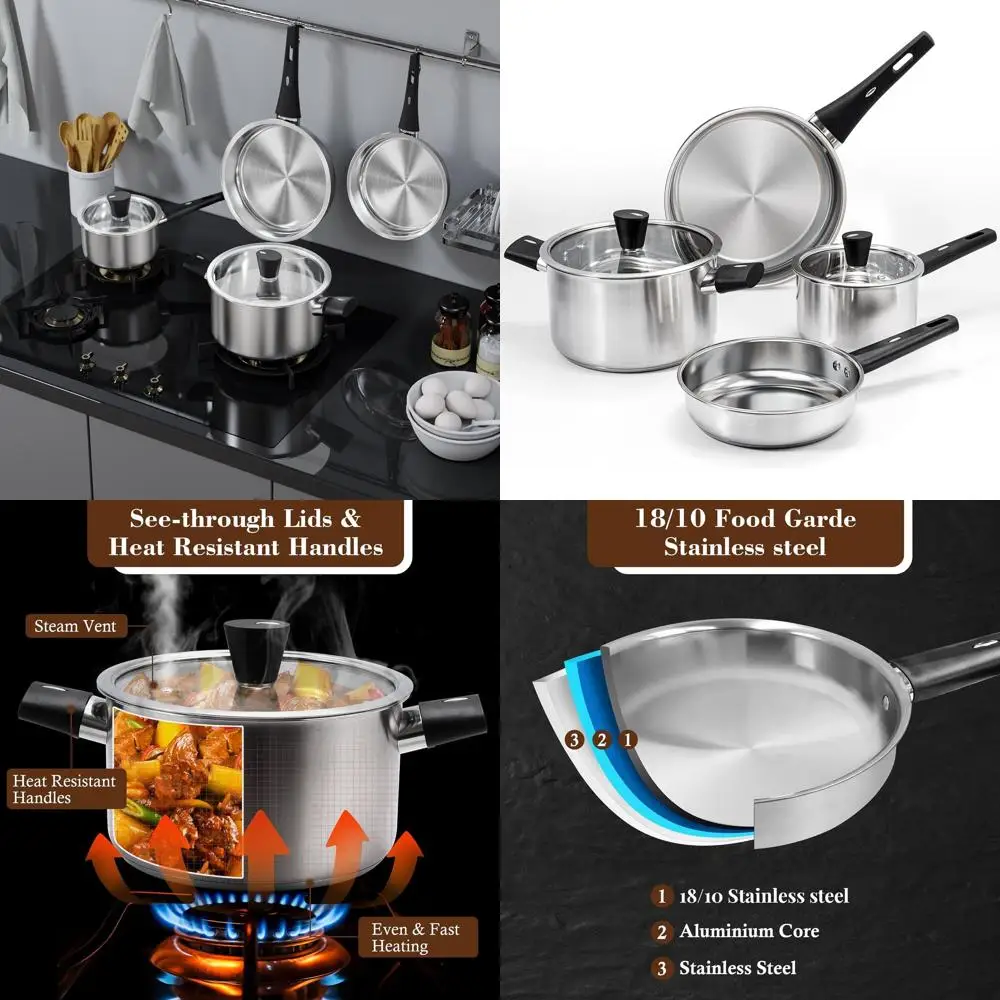 

6-Piece Stainless Steel Cookware Set with Cool Handles, Compatible with Gas, Electric, Induction, Dishwasher Safe, Non-Toxic for