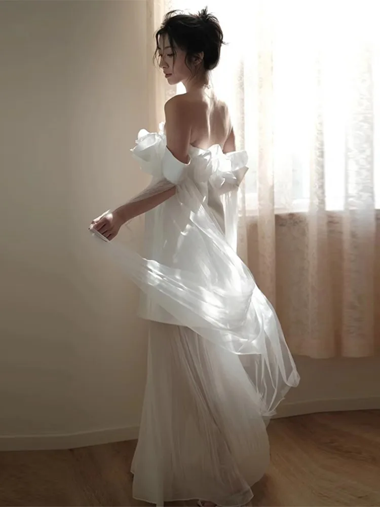 

Morning Gowns Bridal off-Shoulder Light Wedding Dress White Simple Temperament Banquet Long Entry