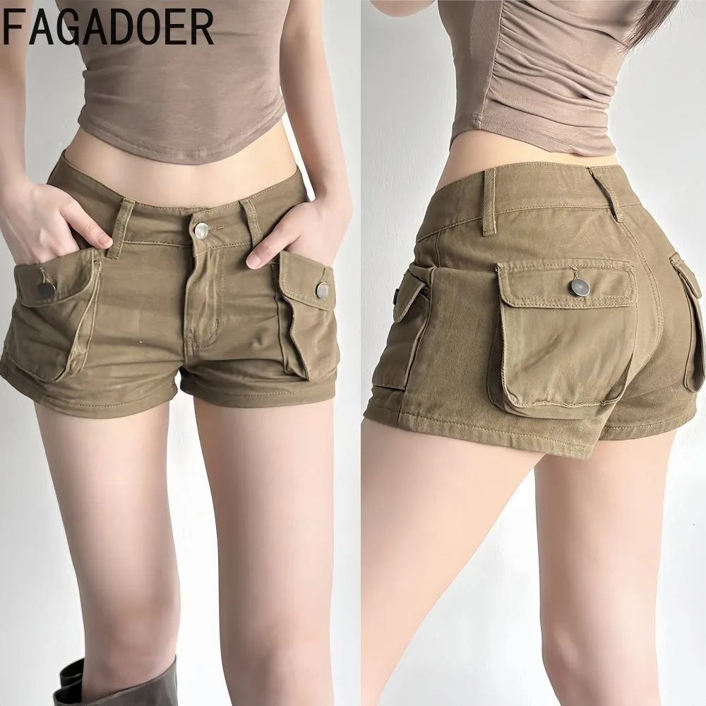 

FAGADOER Y2k Sexy Cargo Pocket Patchwork Denim Shorts Women American Solid Color Low Waist Shorts Female Streetwear Bottoms New
