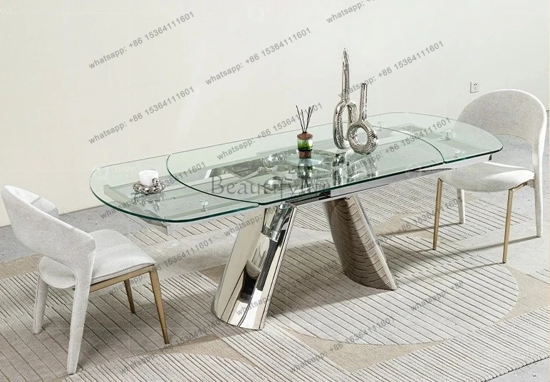Rotary telescopic dining table glass household light luxury high-end sense rectangular dining table stainless steel high-end
