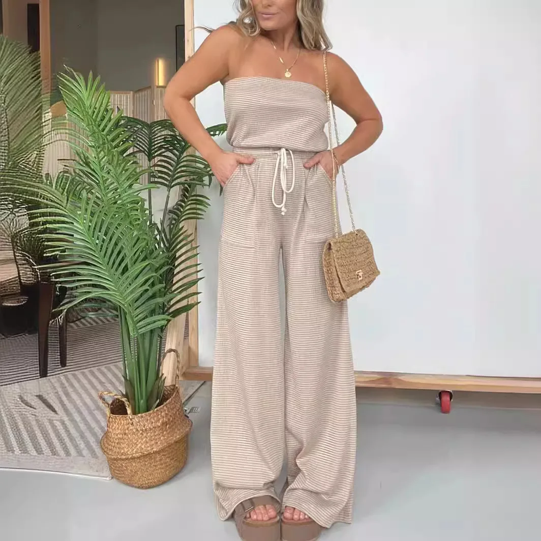 Women One Piece Solid Jumpsuits Sleeveless Off Shoulder Rompers Wide Leg Long Pants Overalls High Waist Loose Casual 2024