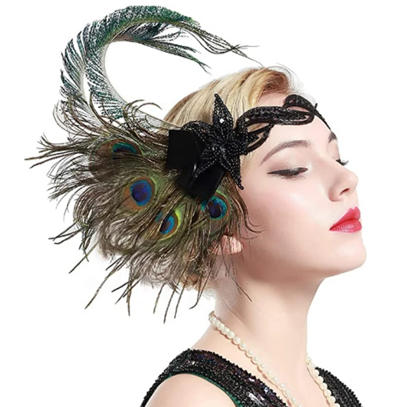 

Woman's Gatsby Accessories Vintage Peacock Feather Hair Headband Black Beaded Carnival Headpiece 1920s Forehead Decorations 2022