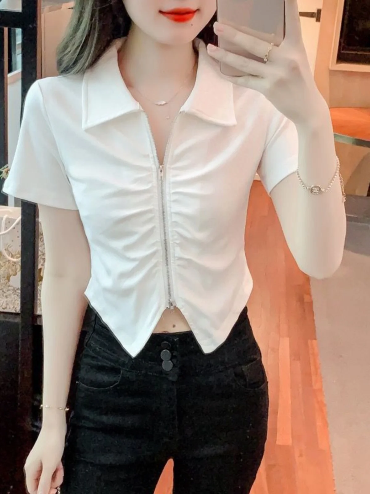 スリムフィット半袖tシャツ-レディースデザイン-デュアルジッパー-スタンドカラー-サマーコレクション-3点セット-おしゃれカジュアルウェア