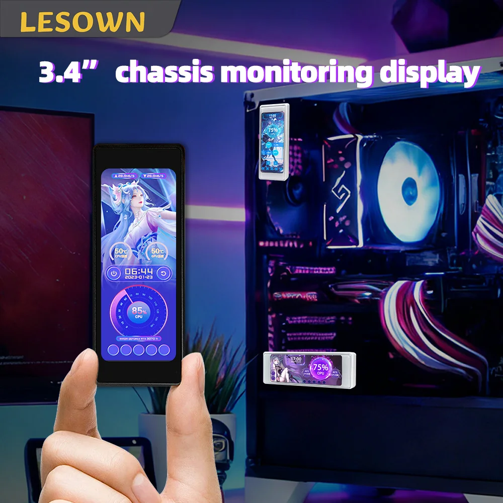 

Монитор температуры процессора LESOWN 3.4'' 376x960 IPS, внешний дополнительный дисплей для ПК, ARGB, дополнительный экран для корпуса компьютера