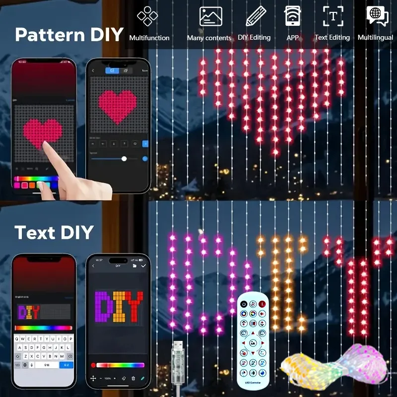 

400LED Smart Christmas Curtain Light with APP & Remote Control RGB Dimmable DIY Pattern for Holiday Party Halloween Decoration
