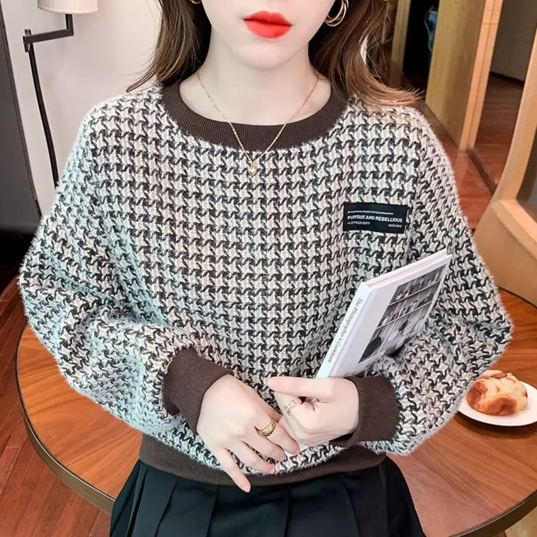 Mink Hair Thousand Bird Plaid Sweater for Women Spring Autumn New Design Sense Small Market T-shirt Round Neck Long Sleeve Top